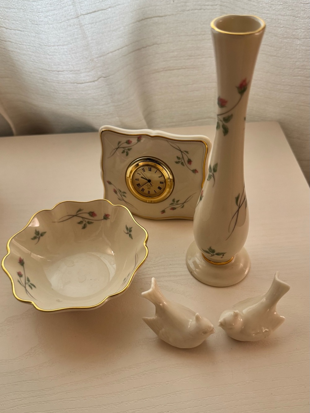 Lenox Rose Sprig Vase, Clock & Bowl Set with Ceramic Birds